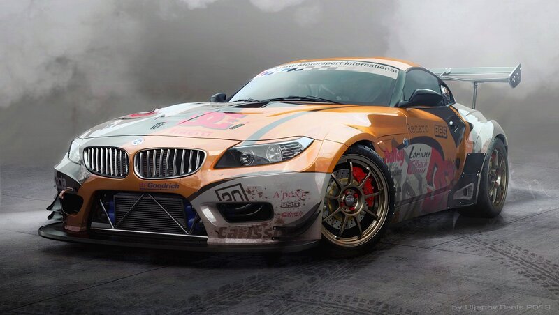 Orange Race Car — Dramatic, Digital Art, Smoke