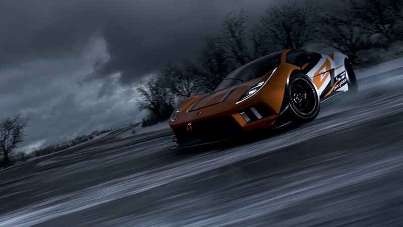 Orange Race Car — Dramatic, Winter