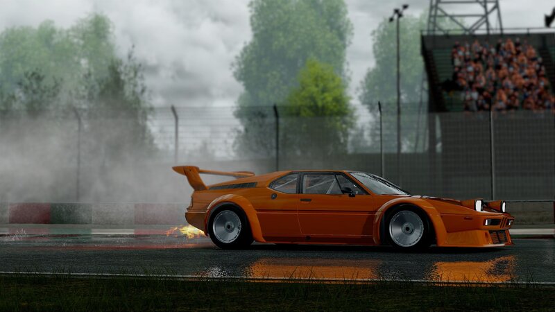 Orange race car drifting
