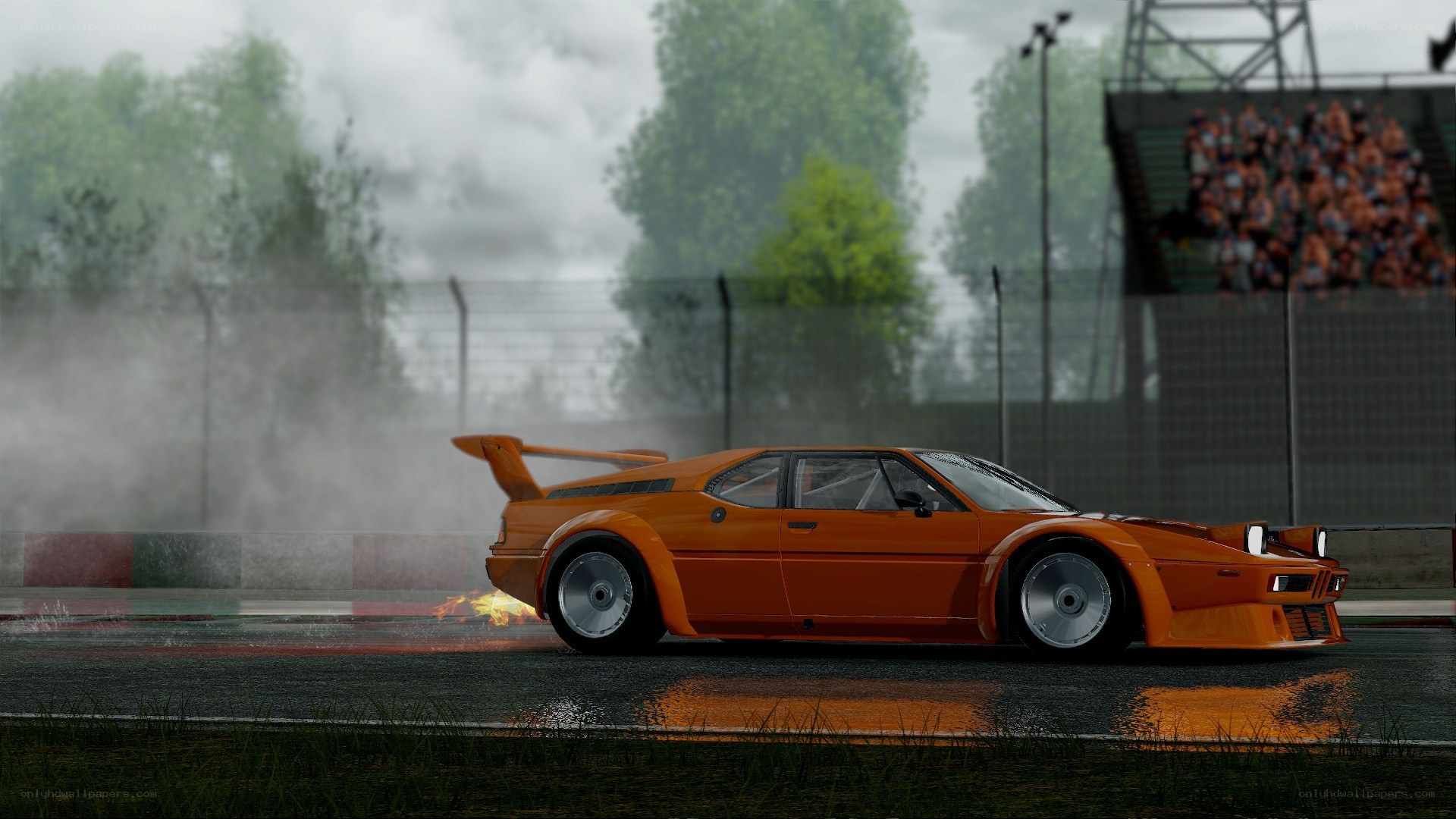 Orange race car drifting