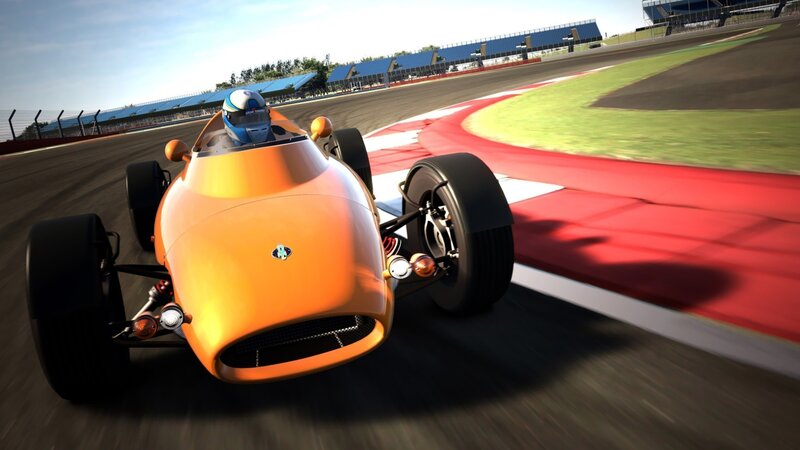 Orange Race Car — Dynamic, Afternoon, 3d Render, Driver, Racetrack, Grandstand, Black
