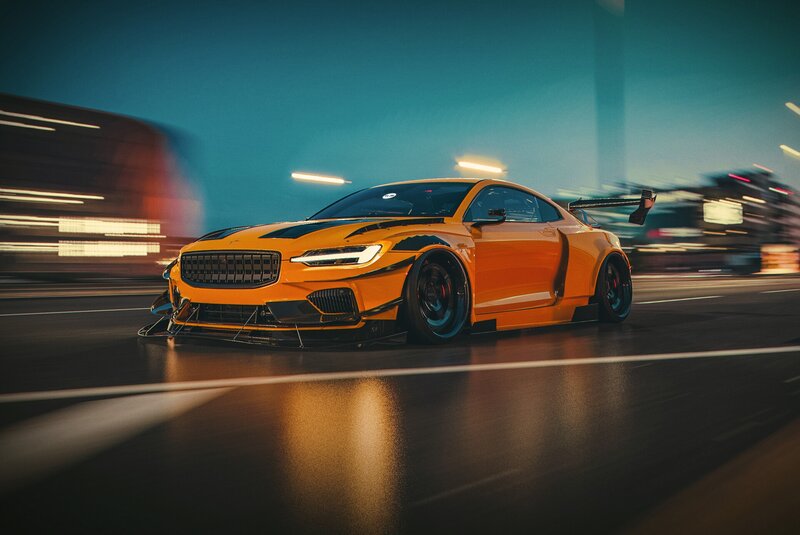 Orange Race Car — Dynamic, Night, Digital Art, Road