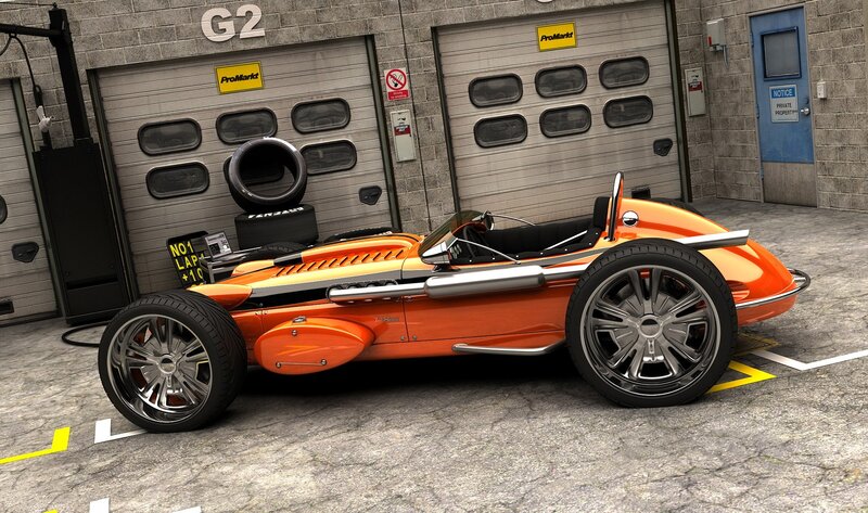 orange race car in garage