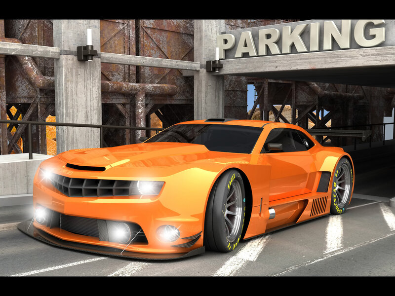 orange race car in parking garage