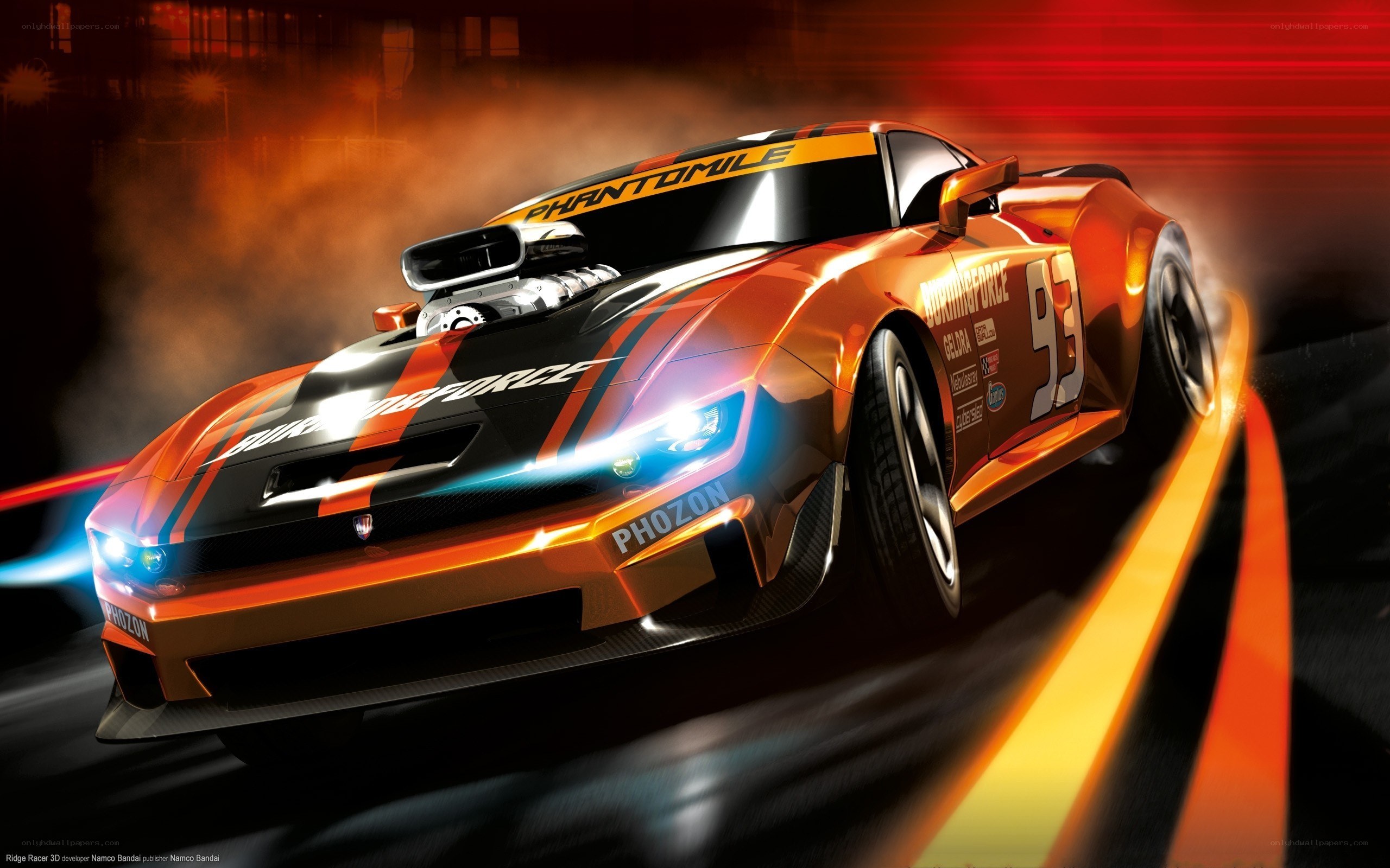 Orange racing car in motion