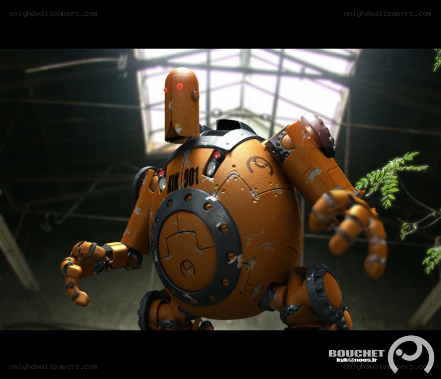 orange robot in abandoned building