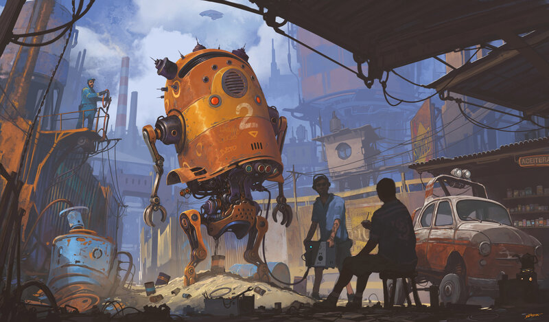 Orange Robot in Junkyard