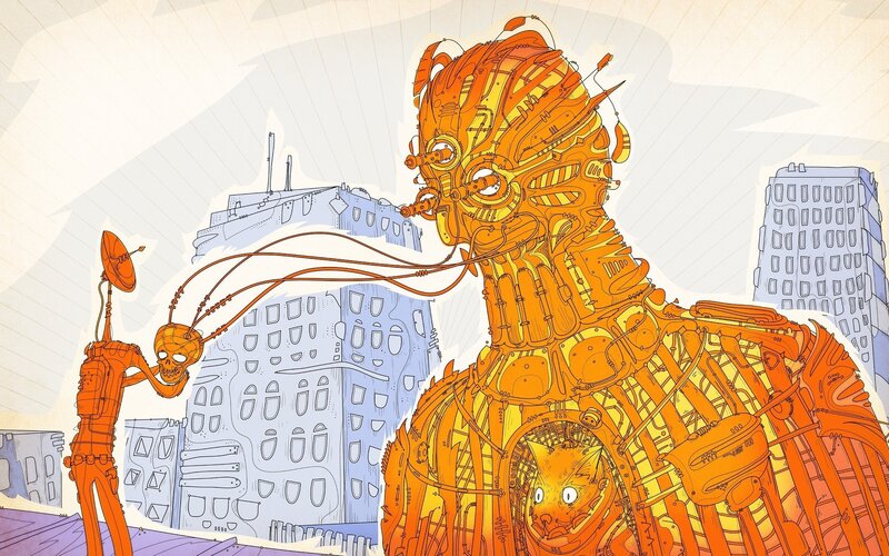 Orange Robot with Cat