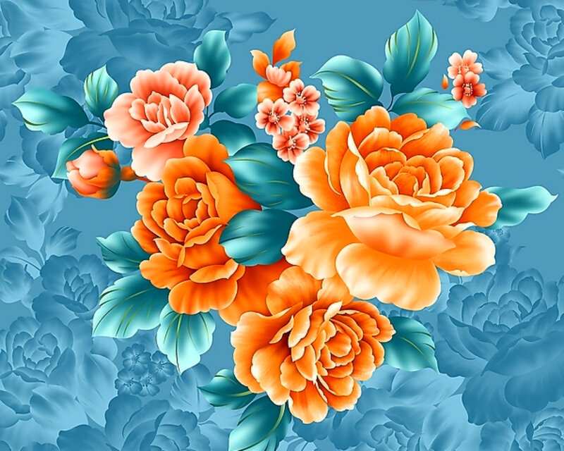 Orange Roses and Leaves — Blue