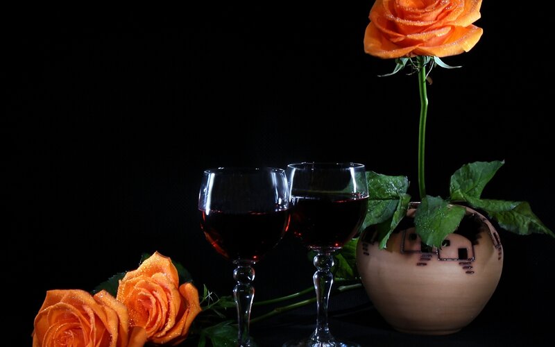 Orange Roses and Wine Glasses — Black, Dramatic