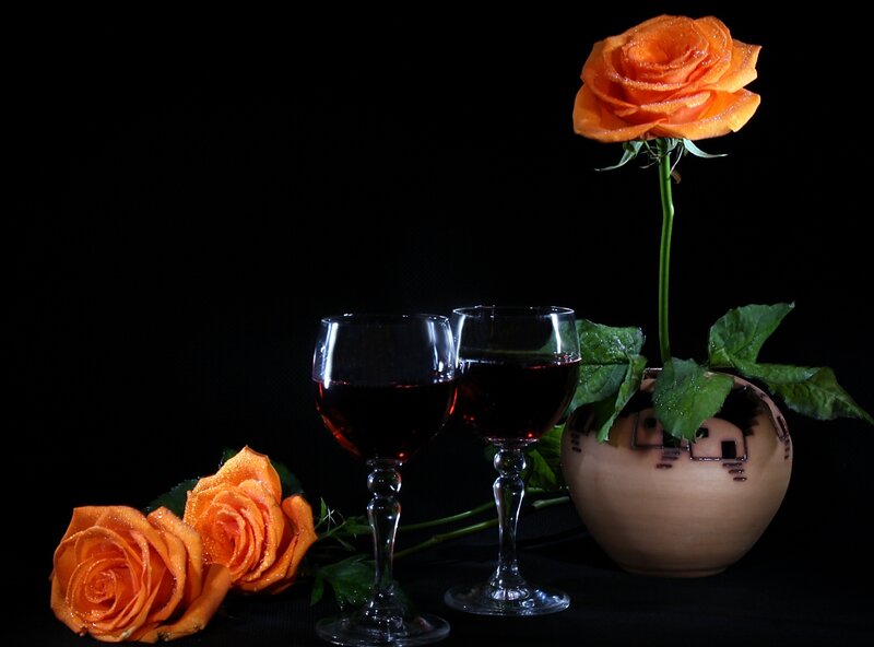 Orange Roses and Wine Glasses — Black