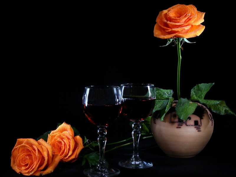 Orange Roses and Wine Glasses — Dramatic