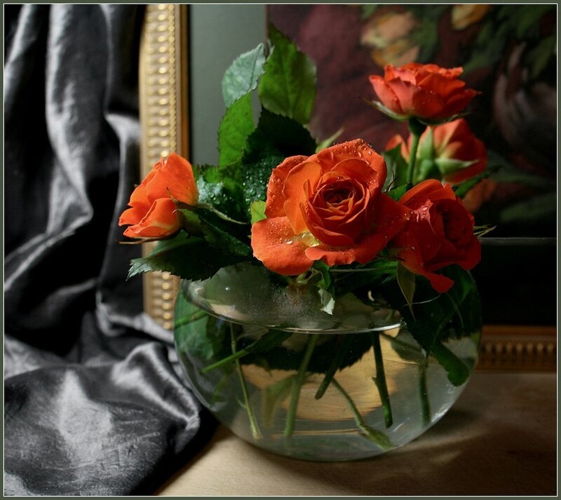 Orange Roses in Glass Vase