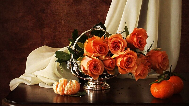 Orange Roses in Silver Basket