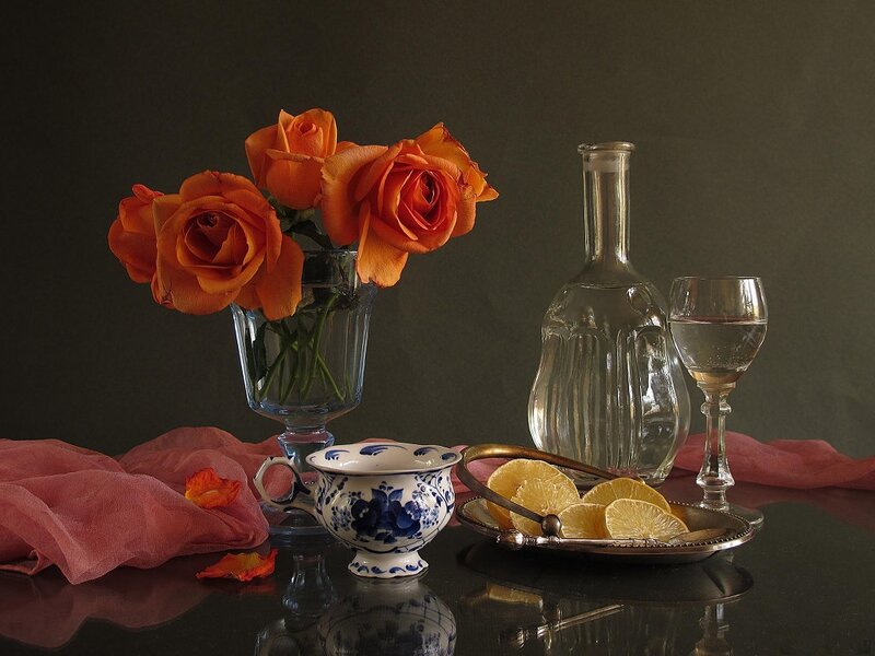 Orange Roses in Vase — Calm, Photograph, Lemons