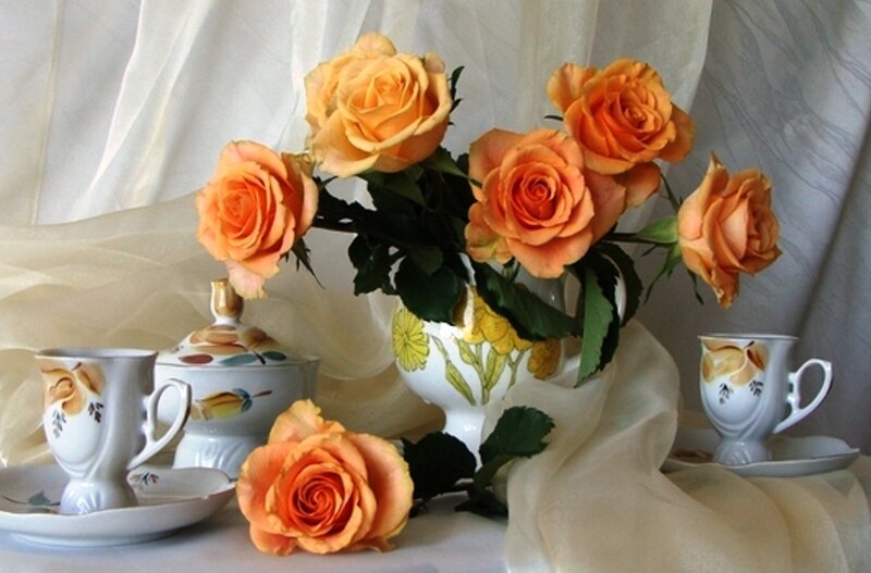 Orange Roses in Vase — Serene, Photograph, Teacups