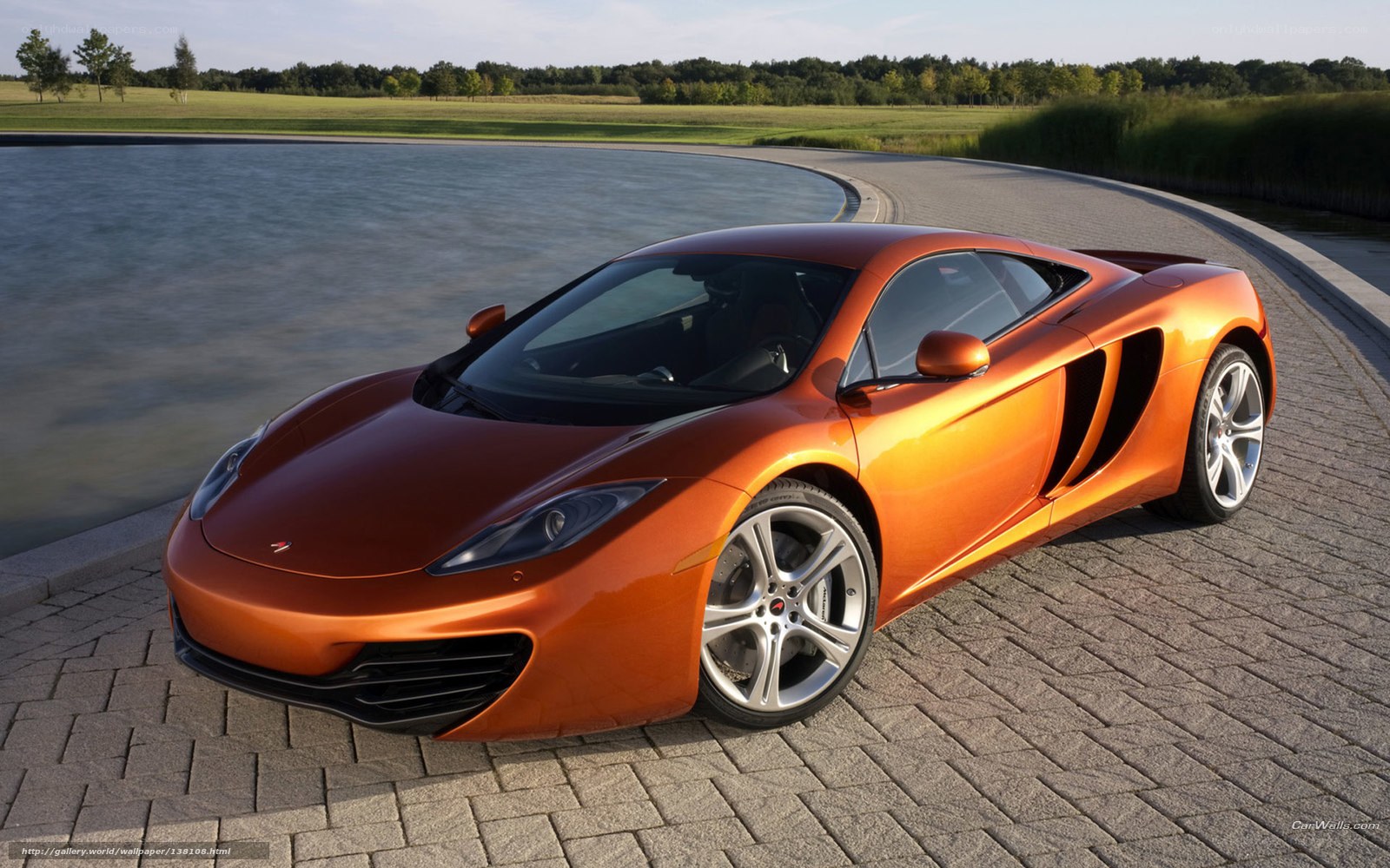 orange sports car by lake