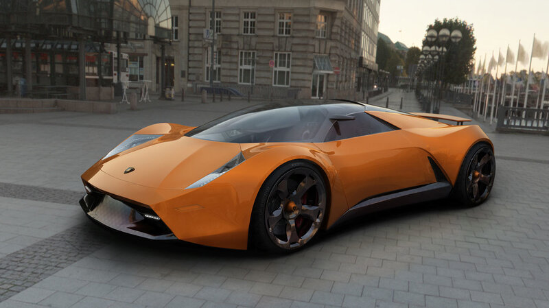 Orange Sports Car — Calm, Sunset, 3d Render, Building, Streetlights