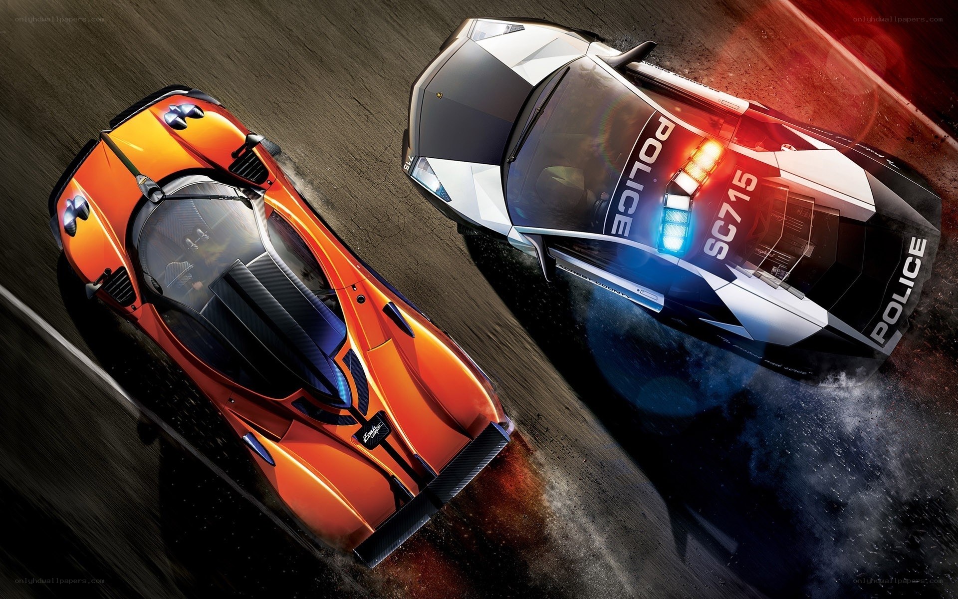 Orange sports car chasing police car