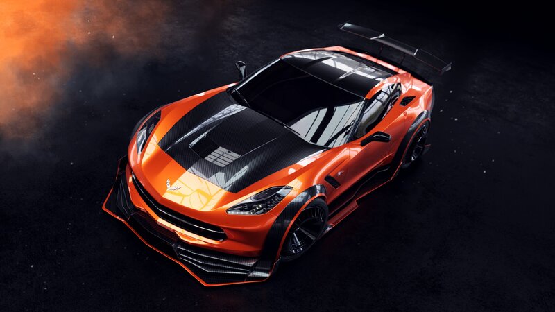 Orange Sports Car — Dramatic, 3d Render, Carbon Fiber