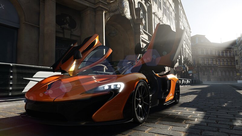 Orange Sports Car — Dramatic, Afternoon, 3d Render, Building, Cobblestone Street, Sunlight