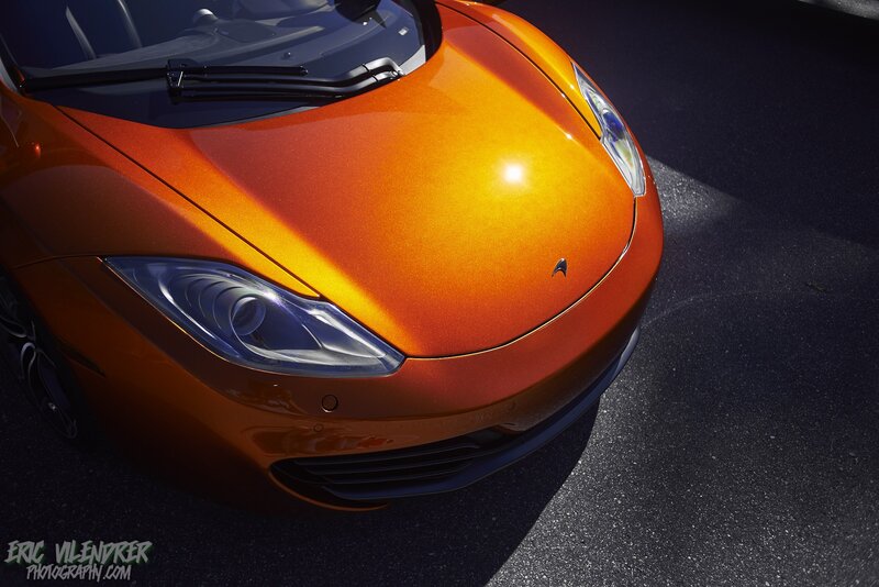 Orange Sports Car — Dramatic, Afternoon, Photograph, Headlight, Hood