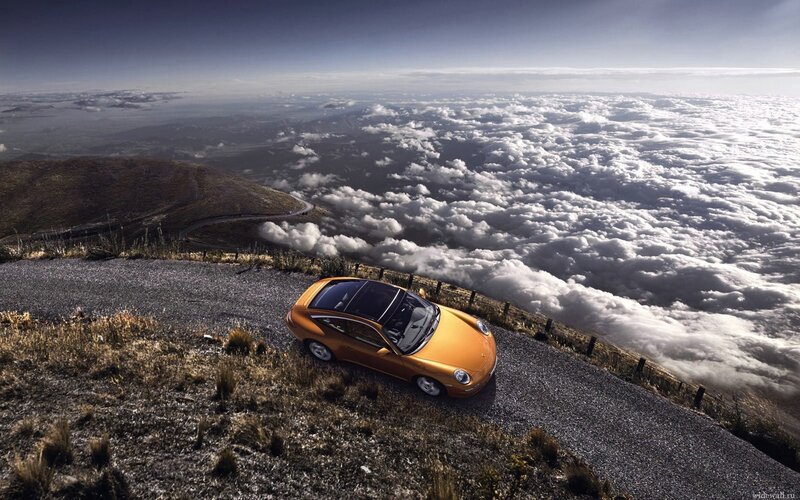 Orange Sports Car — Dramatic, Afternoon, Photograph, Road, Clouds, Mountain