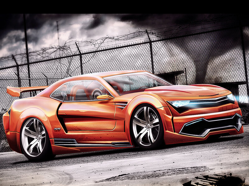 Orange Sports Car — Dramatic, Digital Art, Fence