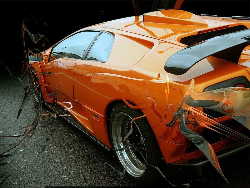 Orange Sports Car — Dramatic, Digital Art, Tire, Wing