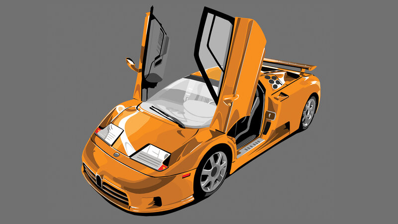 Orange Sports Car — Dramatic, Illustration, Doors