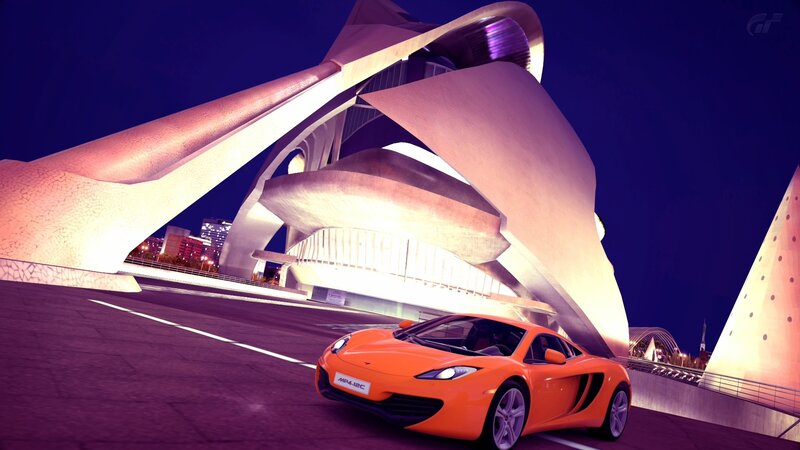 Orange Sports Car — Dramatic, Night, 3d Render, Building