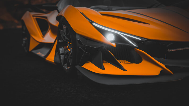 Orange Sports Car — Dramatic, Night, 3d Render, Headlight