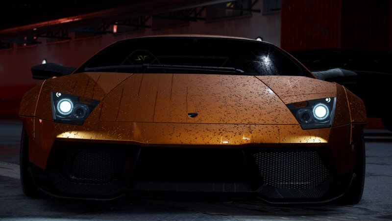 Orange Sports Car — Dramatic, Night, 3d Render, Headlights, Raindrops