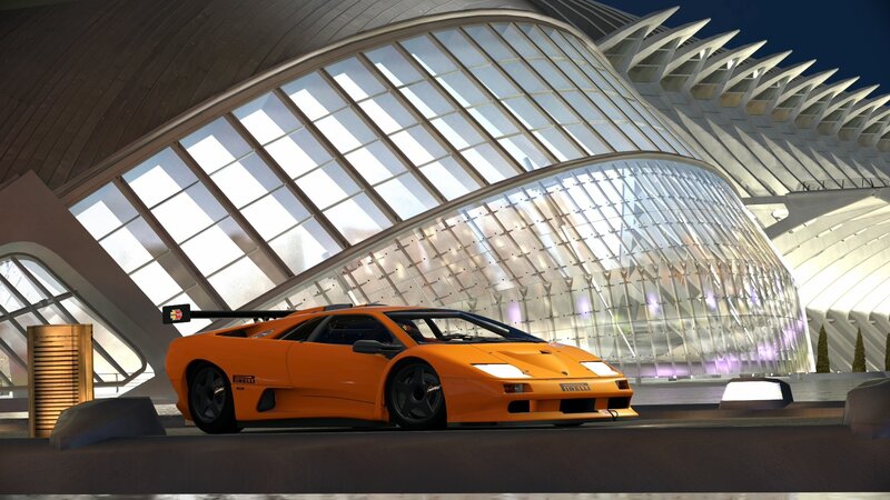 Orange Sports Car — Dramatic, Night, 3d Render, Modern Building