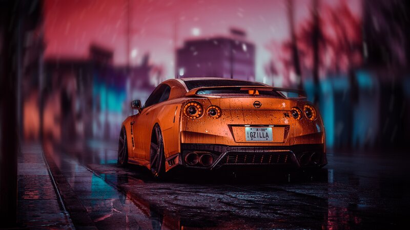 Orange Sports Car — Dramatic, Night, 3d Render, Rain