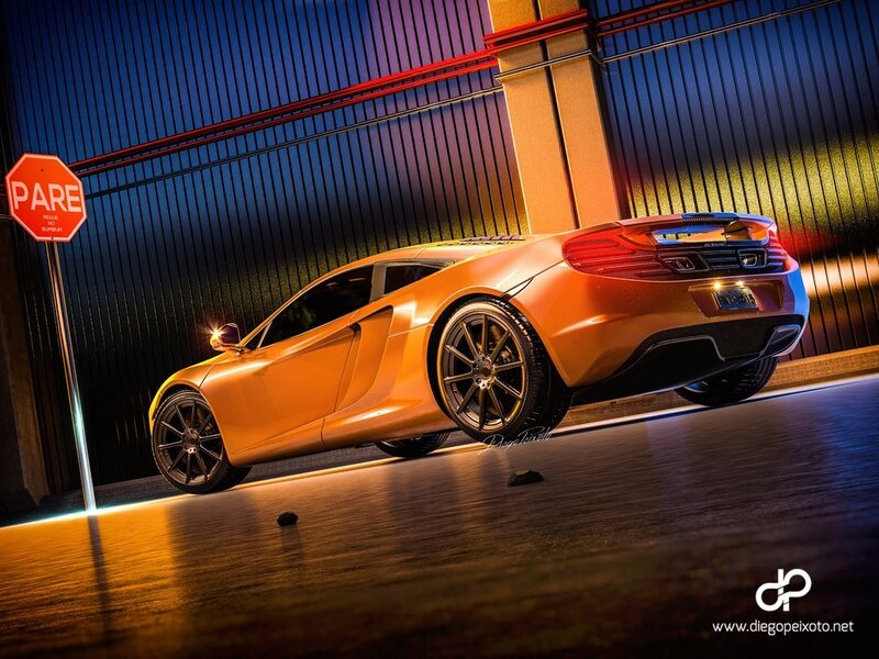 Orange Sports Car — Dramatic, Night, 3d Render, Stop Sign