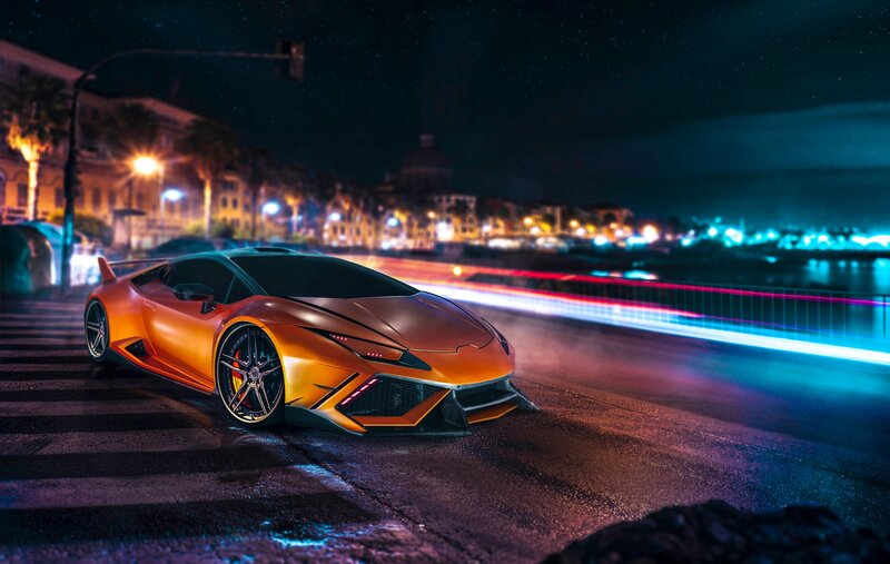 Orange Sports Car — Dramatic, Night, 3d Render, Street, Lights