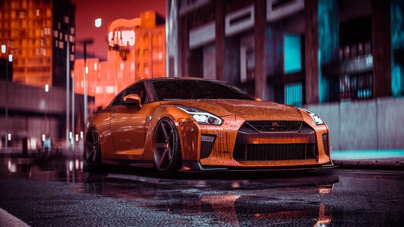Orange Sports Car — Dramatic, Night, 3d Render, Wet Street