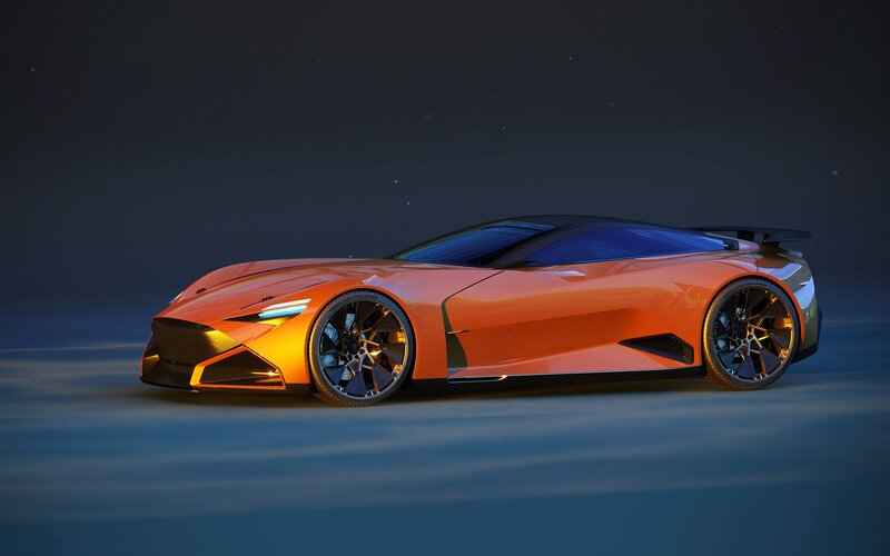 Orange Sports Car — Dramatic, Night, 3d Render, Wheels