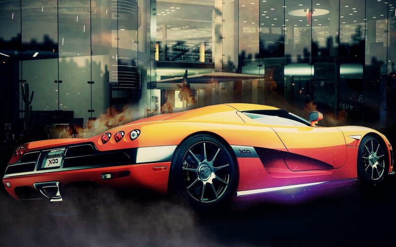 Orange Sports Car — Dramatic, Night, Digital Art, Fire