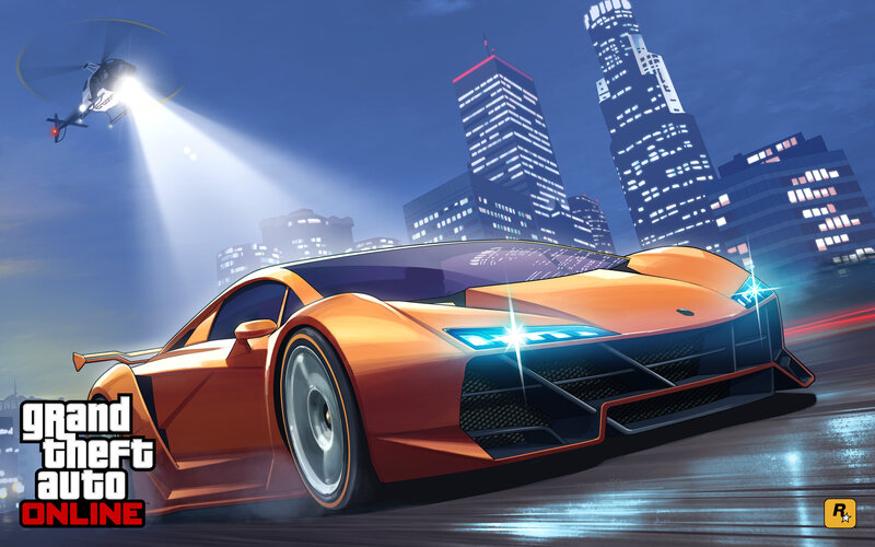 Orange Sports Car — Dramatic, Night, Digital Art, Helicopter