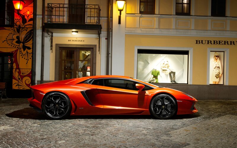 Orange Sports Car — Dramatic, Night, Photograph, Burberry Store