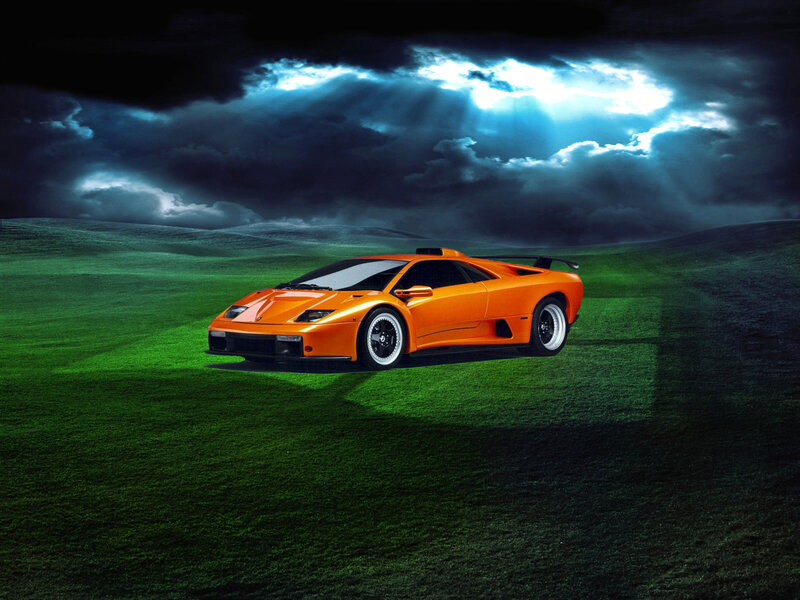 Orange Sports Car — Dramatic, Night, Photograph, Grass Field
