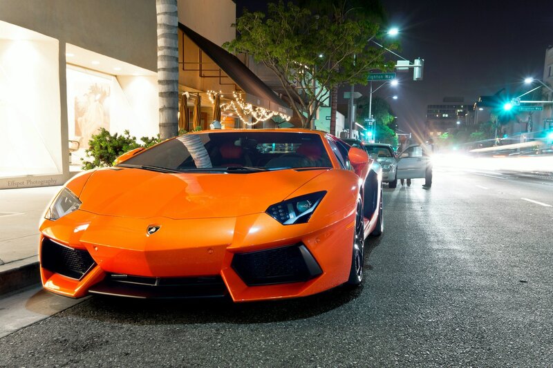 Orange Sports Car — Dramatic, Night, Photograph, Street, Building