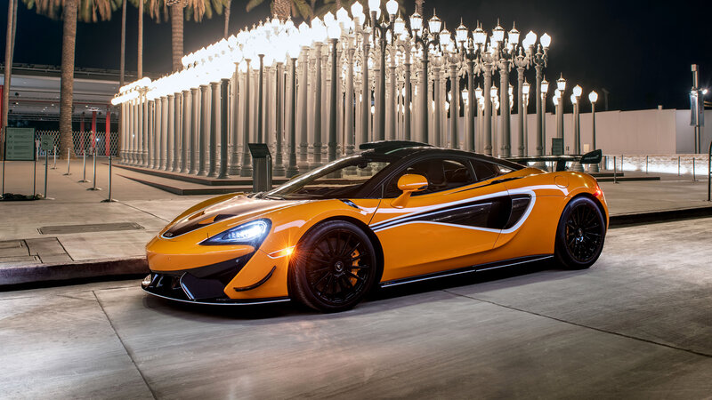 Orange Sports Car — Dramatic, Night, Photograph, Streetlights