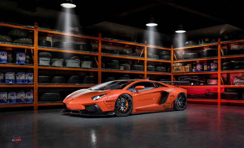 Orange Sports Car — Dramatic, Night, Photograph, Tires, Shelving