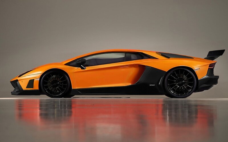 Orange Sports Car — Dramatic, Photograph, Black Wheels, Rear Wing, Reflective Floor