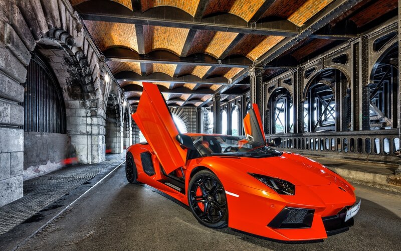 Orange Sports Car — Dramatic, Photograph, Bridge