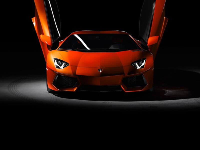 Orange Sports Car — Dramatic, Photograph, Car Doors, Headlights, Front Grille