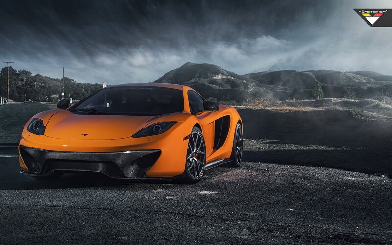 Orange Sports Car — Dramatic, Photograph, Mountains, Road, Sky